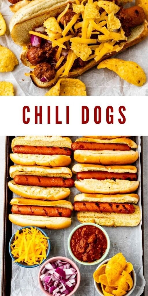 Photo collage of chili dogs with recipe title in the middle of two photos