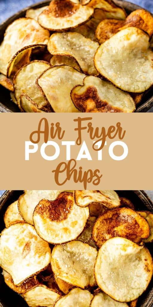 Collage with two pictures of Homemade Potato chips in a wooden bowl