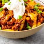 Chili Cheese Fries in a light colored Bowl