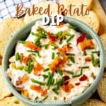 collage of bowl of baked potato dip with slices of baguette on a cutting board