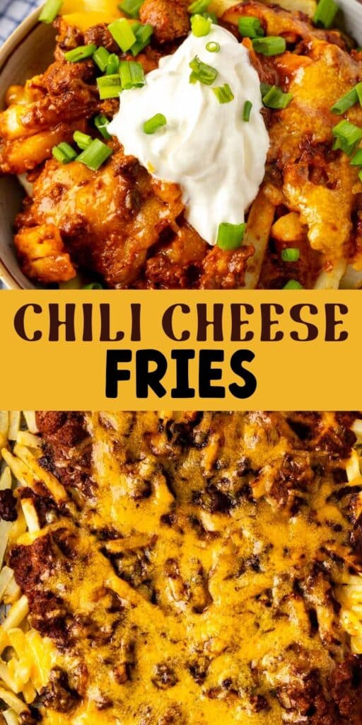 Collage of Chili Cheese Fries in a light colored Bowl