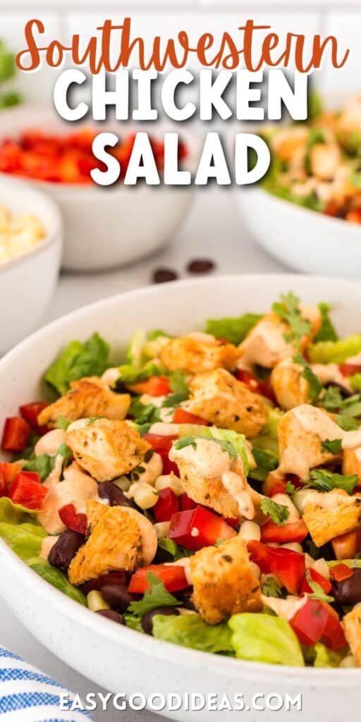 collage of a southwestern chicken salad in a white bowl