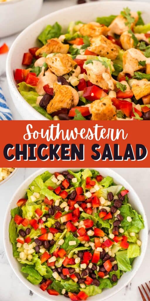 collage with two pictures of a southwestern chicken salad in a white bowl