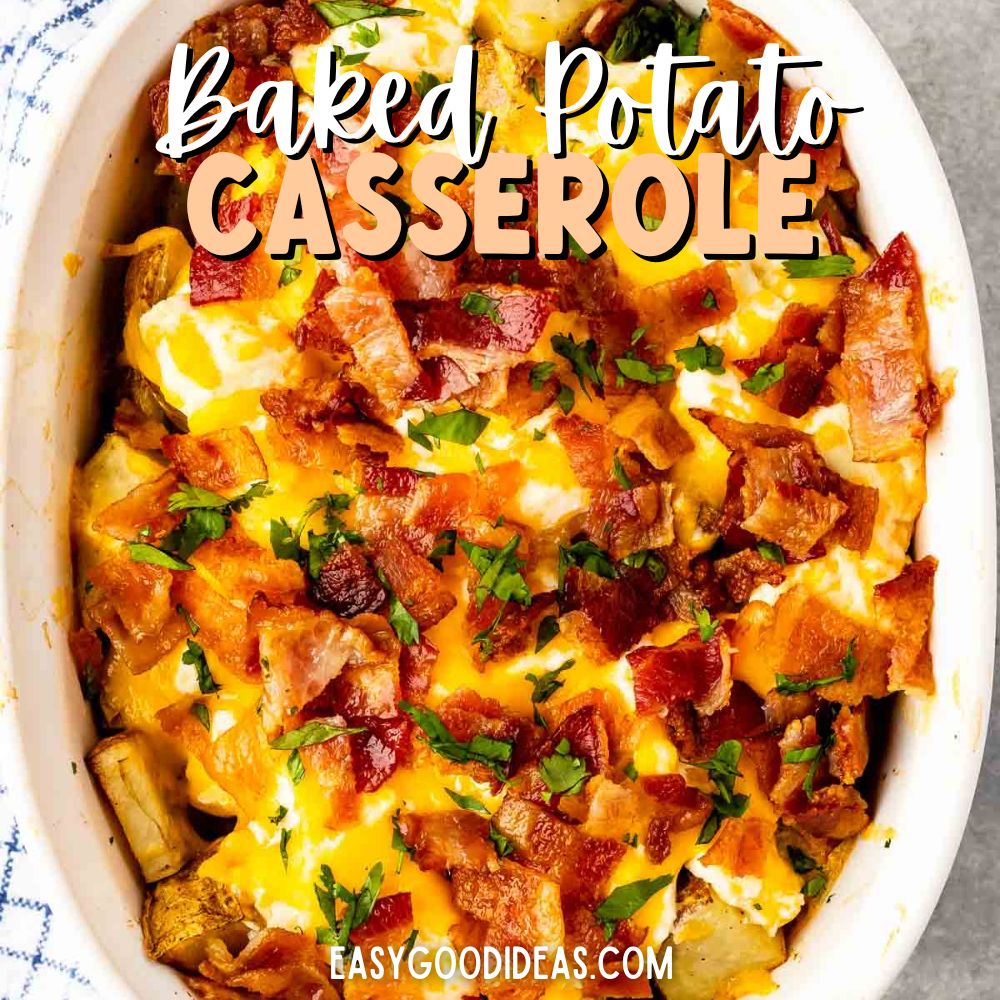 A collage of a white casserole dish full of baked potato casserole