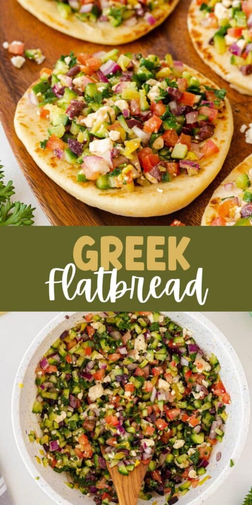 collage with two pictures. One of small greek flatbreads on a wood cutting board and the other is all ingredients in a white bowl