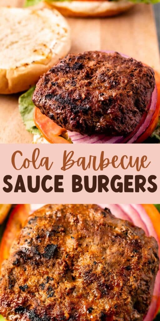 collage with two close up pictures of a cola burger on a bun