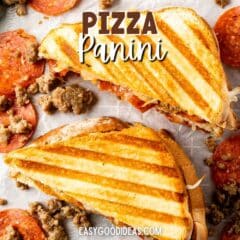 collage of overhead shot of two halves of pizza panini sandwich with pepperoni and sausage scattered on a table