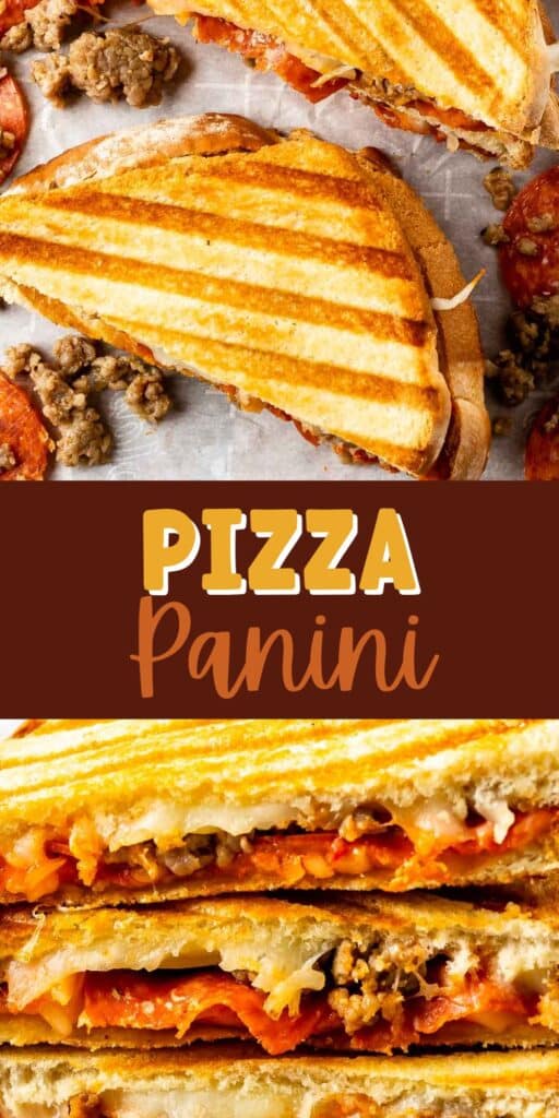 two picture collage of pizza panini sandwiches