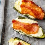 collage of Jalapeno poppers on a parchment paper covered baking sheet