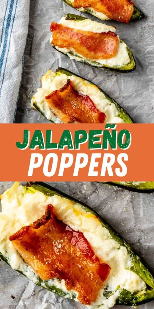 two picture collage of Jalapeno poppers on a parchment paper covered baking sheet