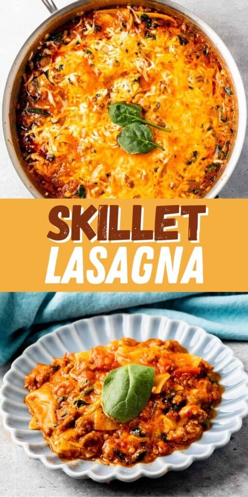 2 picture collage. top is a skillet full of lasagne and bottom is a plate of lasagne