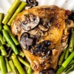 chicken mixed with asparagus and mushrooms.