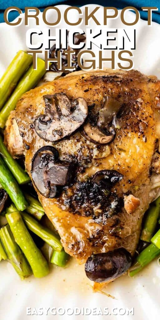 chicken mixed with asparagus and mushrooms with words on the image.