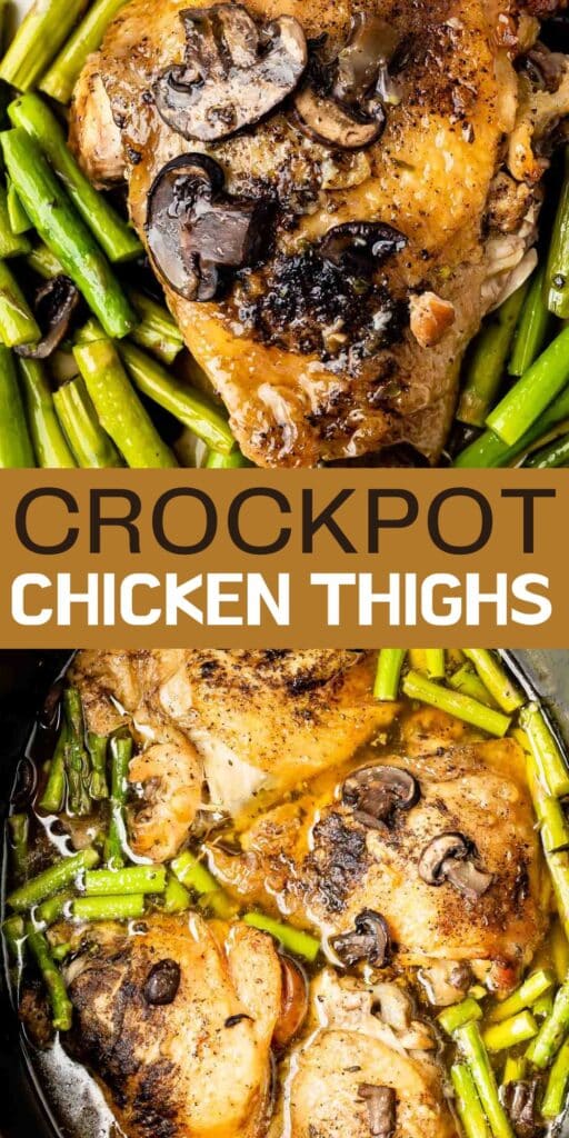 two photos of chicken mixed with asparagus and mushrooms with words on the image.