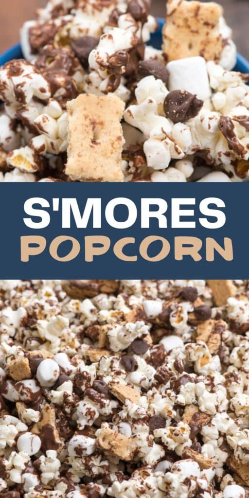 two photos of popcorn mixed with chocolate drizzle, marshmallows and graham crackers in a blue bowl with words on the image.