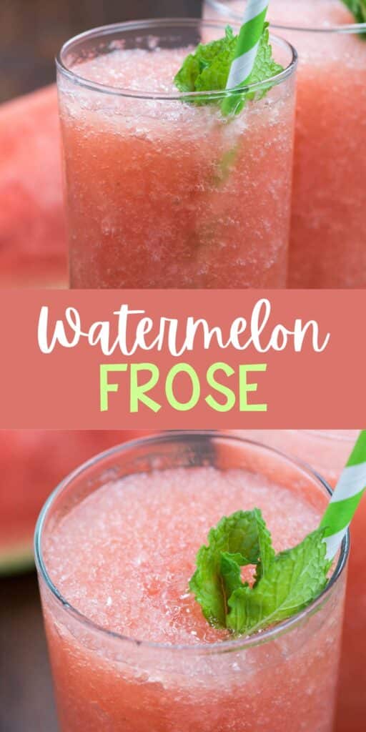 two photos of watermelon drink in a tall clear glass with a green straw and green garnish with words on the image.