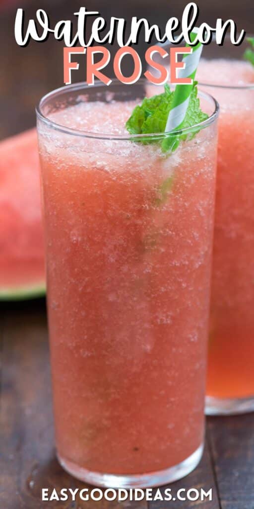 watermelon drink in a tall clear glass with a green straw and green garnish with words on the image.