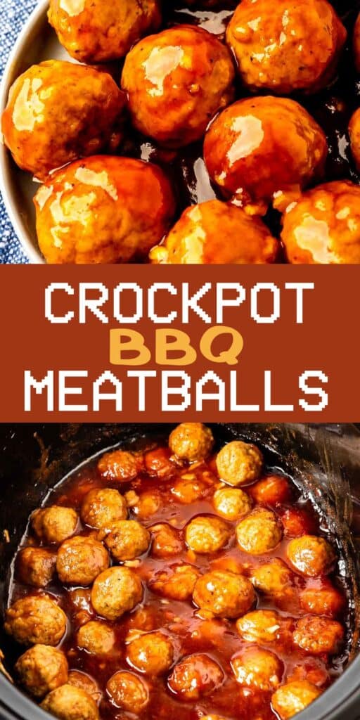 A collage with two pictures of meatballs. Top one is meatballs on a plate. the bottom one is meatballs in a crockpot