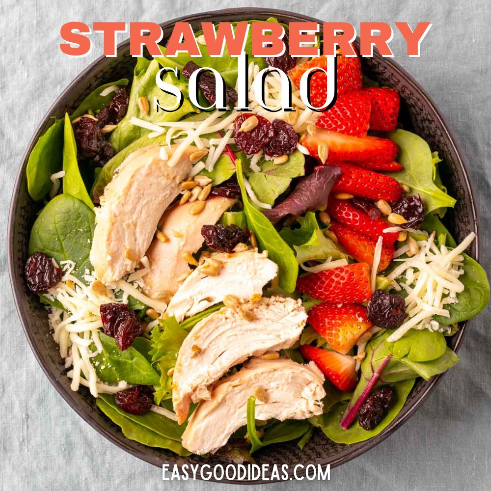 Strawberry Chicken Salad in a brown bowl collage