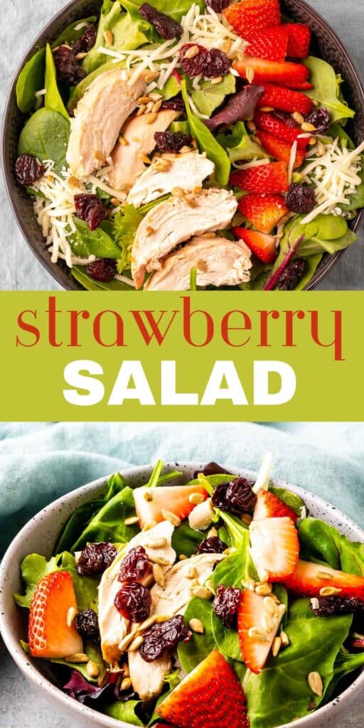 Two picture collage of Strawberry Chicken Salad in a brown bowl on top and a speckled light bowl on the bottom.