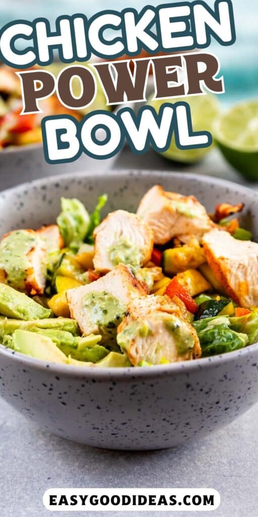 two photos of salad and chicken mixed together in a grey spotted bowl.
