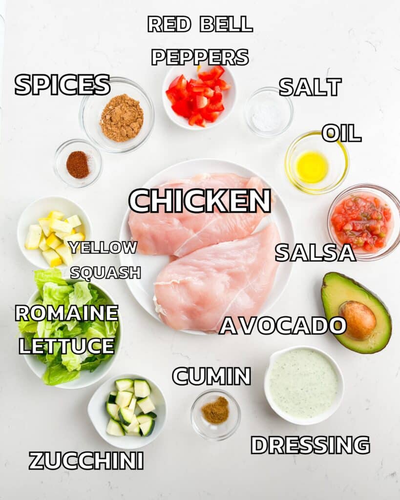ingredients in chicken power bowl laid out on a counter.