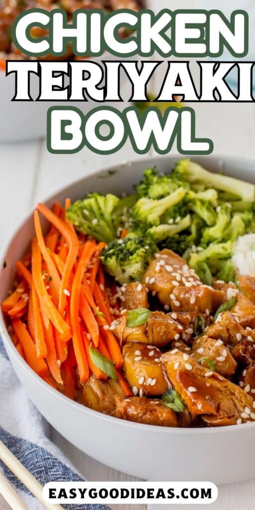chicken in a grey bowl mixed with vegetables and rice with words on the image.