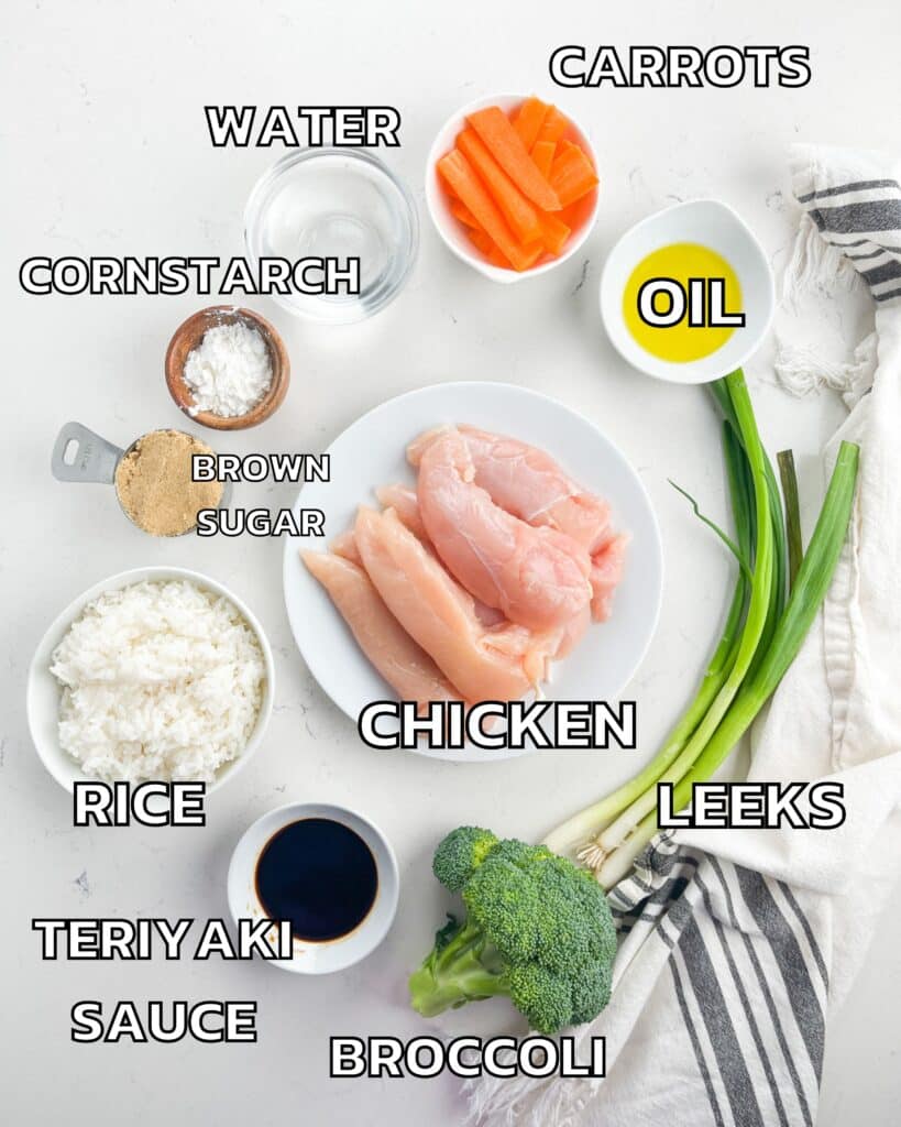 ingredients in teriyaki chicken bowl laid out on a white marble counter.