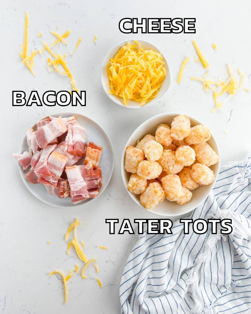 ingredients in loaded tater tots laid out on a white counter.