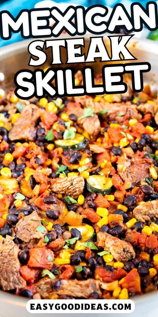 veggies, beans, and steak mixed together in a silver skillet with words on the image.