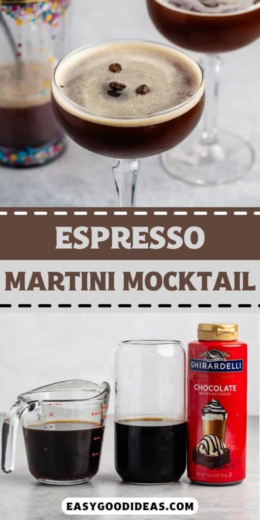 two photos of espresso in a tall clear class with coffee beans on top with words on the image.