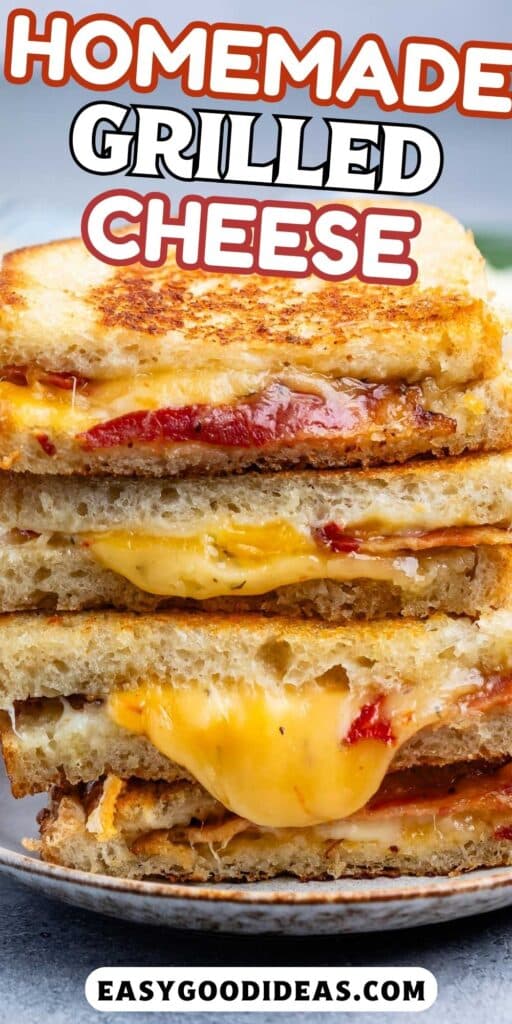 stacked grilled cheese slices with cheese and bacon pouring out the sides with words on the image.