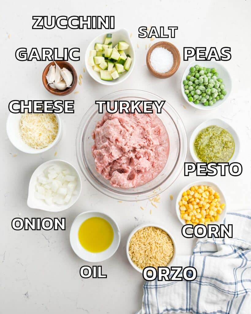 ingredients in turkey pesto skillet laid out on a white marble counter.