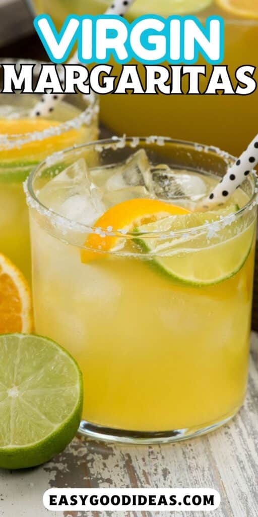 yellow drink in a small clear glass with sliced limes and oranges and a spotted straw with words on the image.