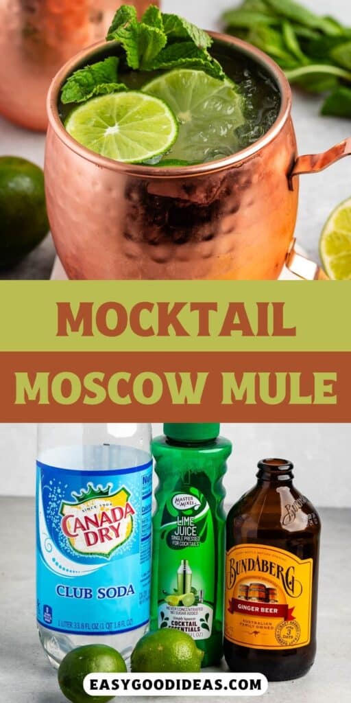 two photos of Moscow mule in a bronze cup with sliced limes and garnish in the drink with words on the image.