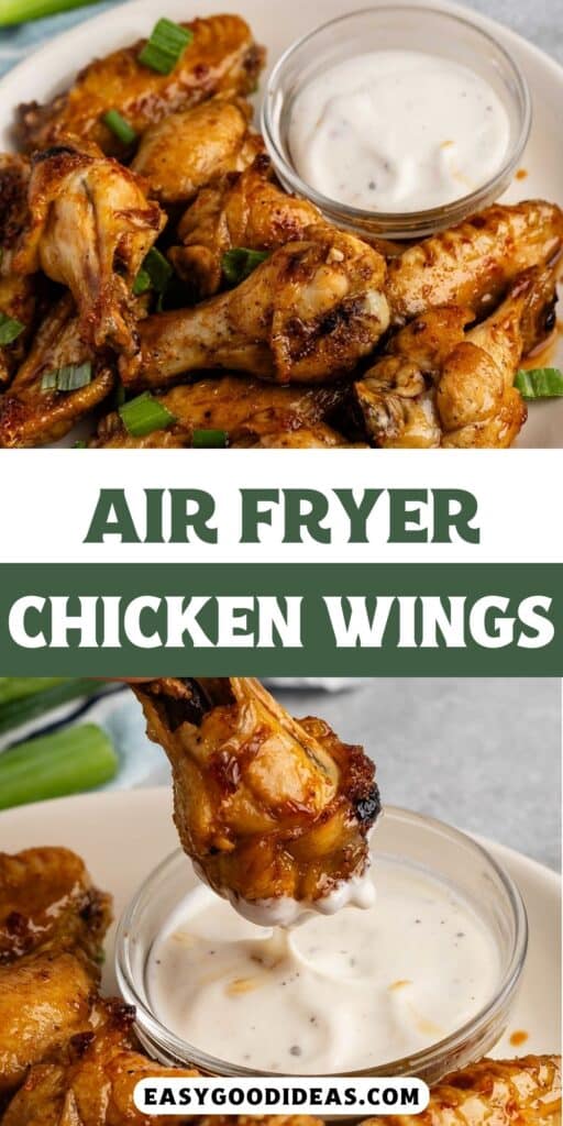 two photos of chicken wings on a white plate next to ranch with words on the image.