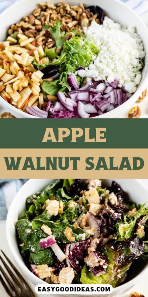 two photos of apples and walnuts and greens in a white bowl next to a wooden spoon with words on the image.