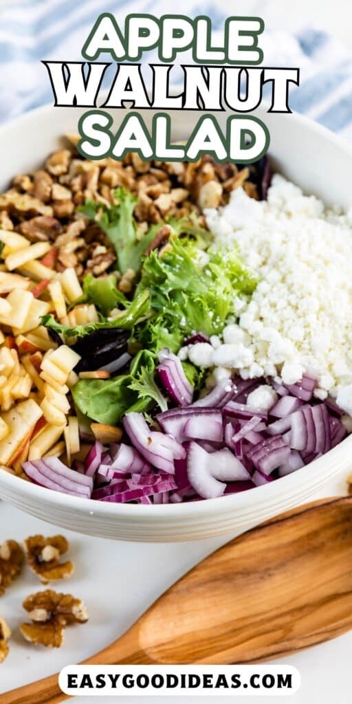 apples and walnuts and greens in a white bowl next to a wooden spoon with words on the image.