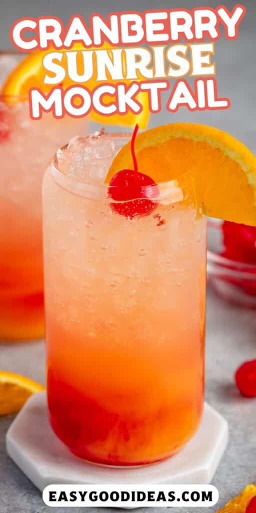 red and orange drink in a clear glass with an orange slice on the rim and a cherry on top with words on the image.