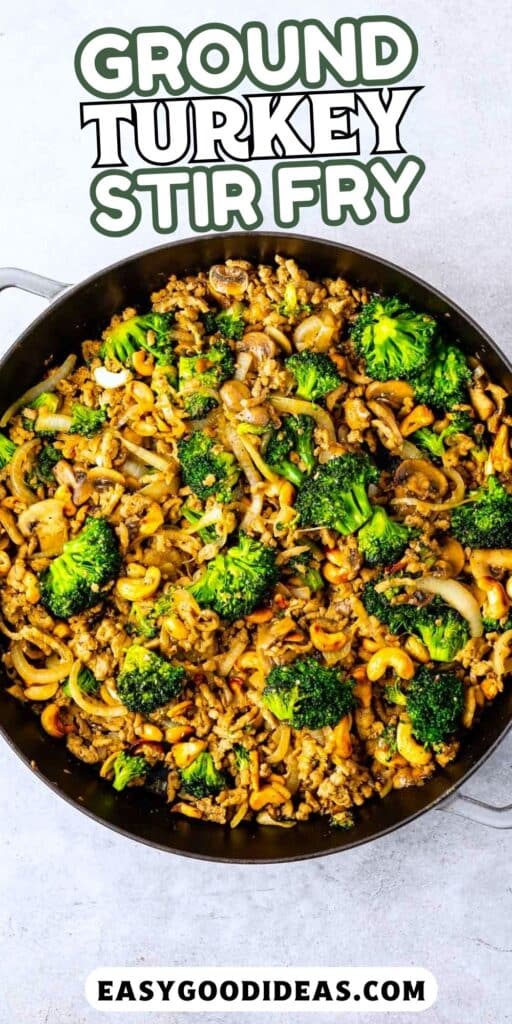 broccoli mixed with onions and mushrooms in a black pan with words on the image.