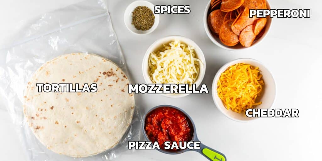 ingredients in pizza quesadilla laid out on a white counter.