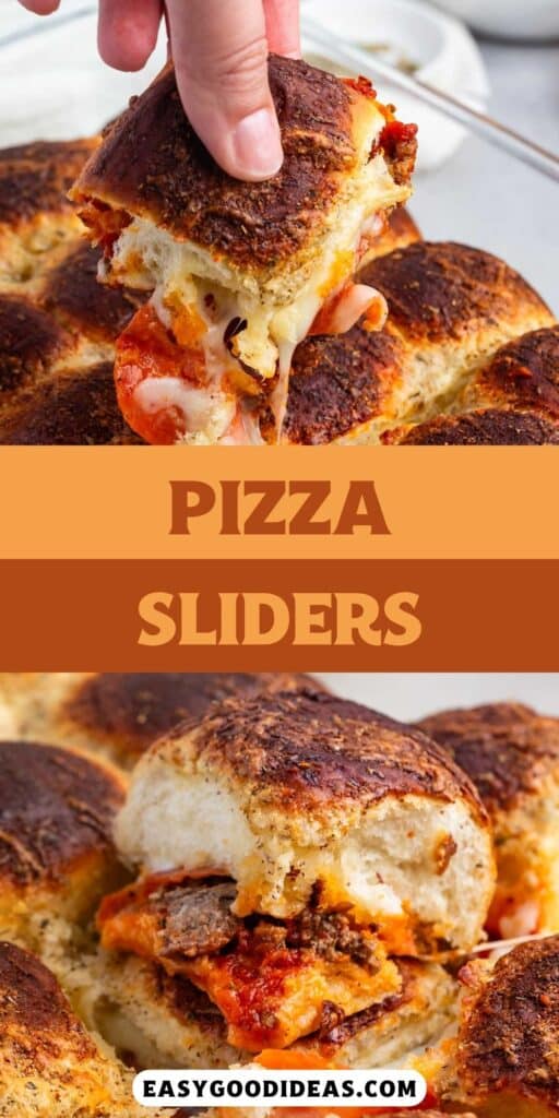 two photos of pizza sliders in a clear pan with words on the image.