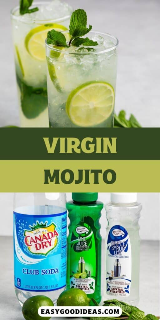 two photos of mojito in a tall clear class with sliced limes and mint leaves in the drink with ingredients and words in the image.