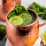 Moscow mule in a bronze cup with sliced limes and garnish in the drink.