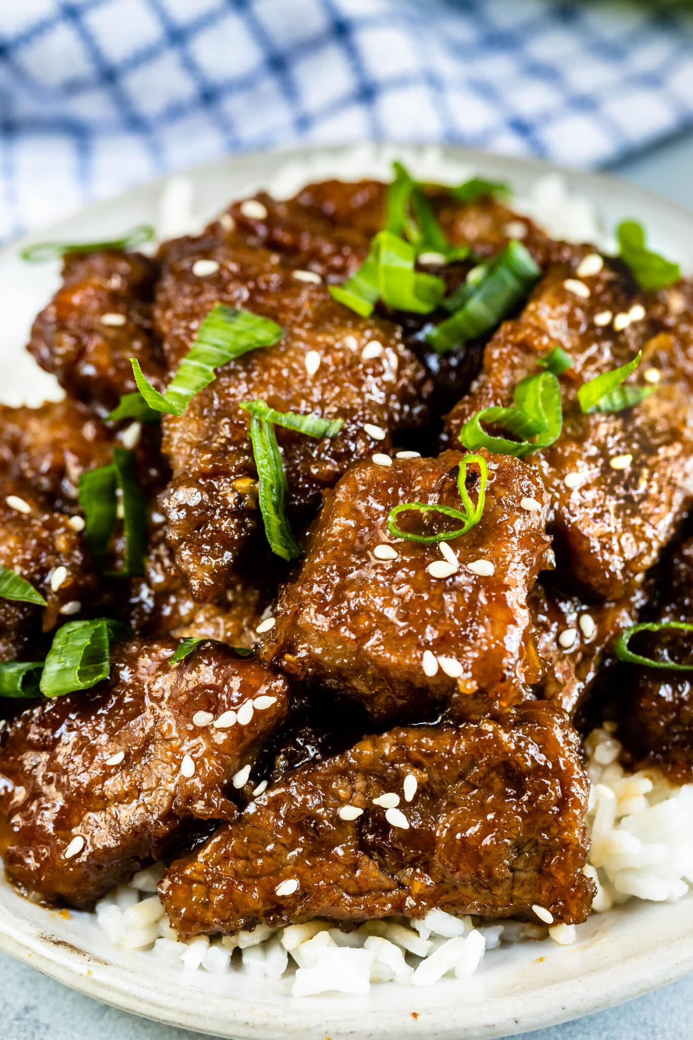 Mongolian beef on a white plate with green onion cut on top.