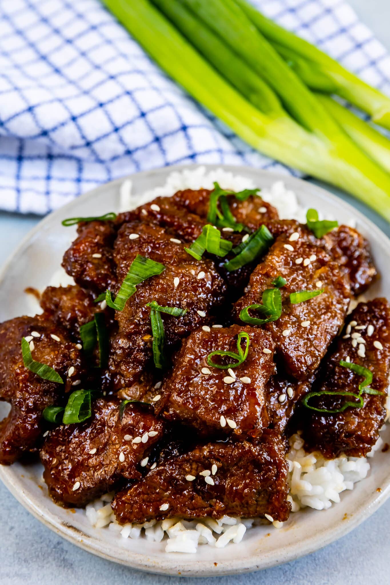 Mongolian beef on a white plate with green onion cut on top.