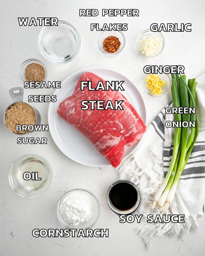 ingredients in Mongolian beef laid out on a white counter.