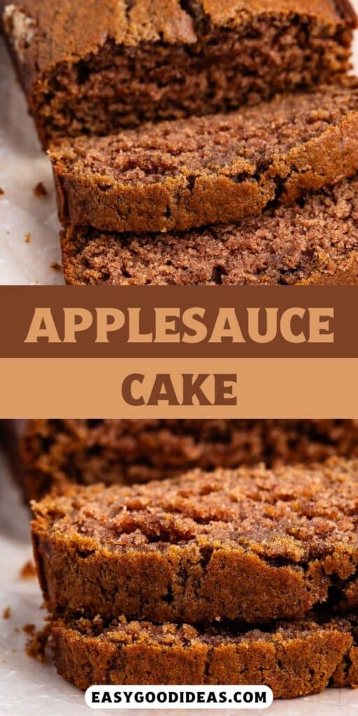 two photos of sliced applesauce cake laid out on parchment paper with words on the image.