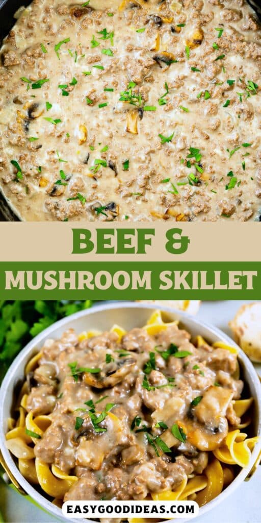 two photos of beef and mushroom skillet with parsley on top.