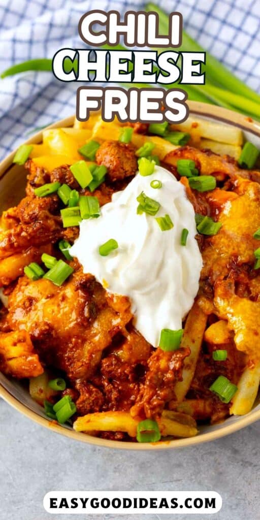 chili cheese fries in a grey bowl with sour cream on top with words on the image.